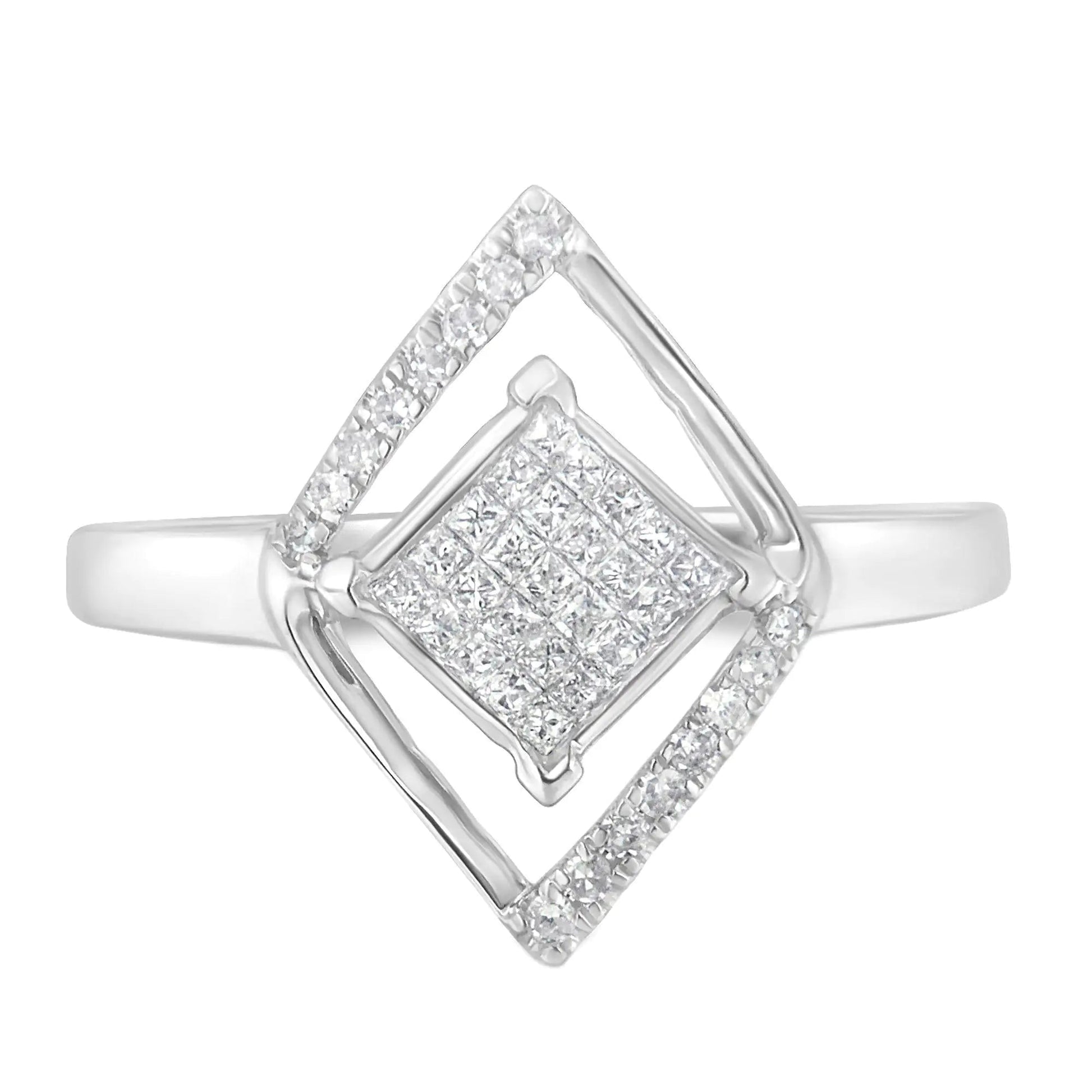 10k White Gold 1/3 Cttw Round and Princess Diamond Double Triangle Cocktail Ring (H-I Color, SI1-SI2 Clarity) WEM Support (www.WEM.support)