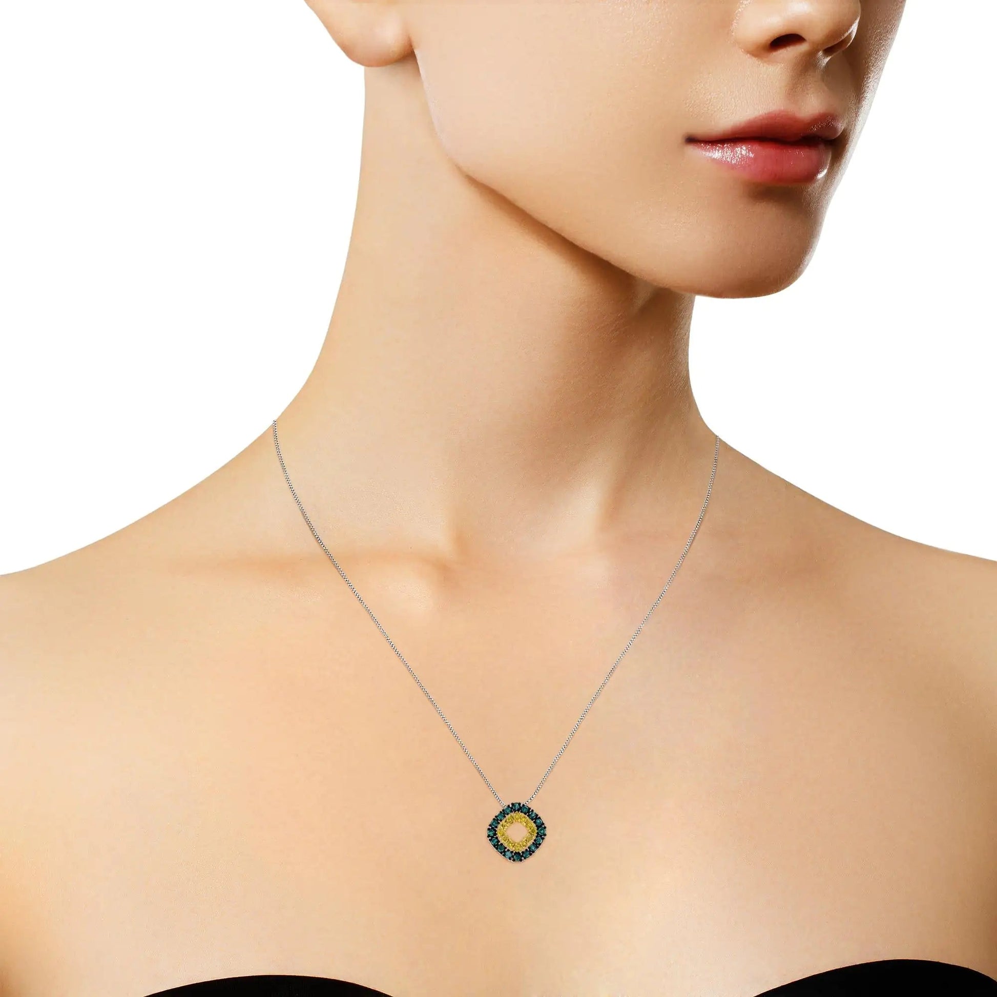 .925 Sterling Silver 1/2 Cttw Treated Blue and Yellow Diamond Double Square 18" Pendant Necklace (Blue/Yellow Color, I2-I3 Clarity) WEM Support (www.WEM.support)