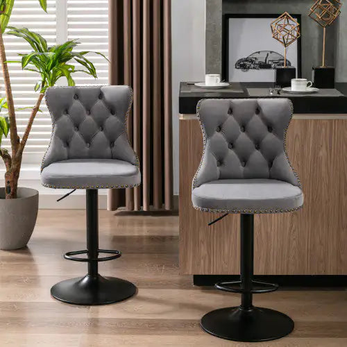 Swivel Velvet Barstools Adjusatble Seat Height From 25-33 Inch Gray Set Of 2 WEM Support (www.WEM.support)