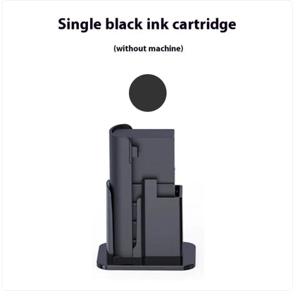 A black mini coding machine with Bluetooth connectivity, compatible with Android and iOS devices, displayed next to a smartphone that indicates mobile phone operation. The image highlights features such as a single ink cartridge and app custom editing for various printing needs.