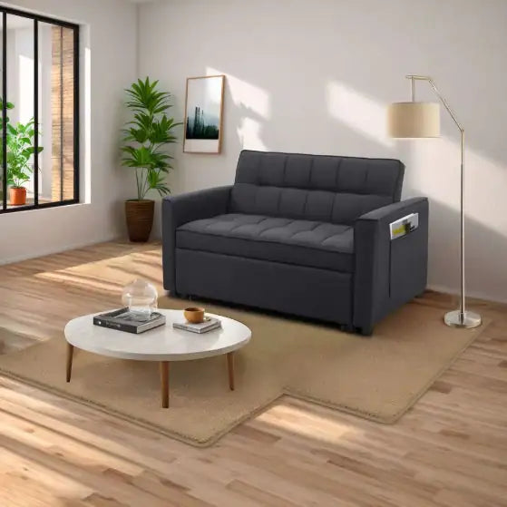 Stylish Blue Pull-Out Sofa Bed With Woven Polyester Fabric & Solid Wood Frame WEM Support (www.WEM.support)