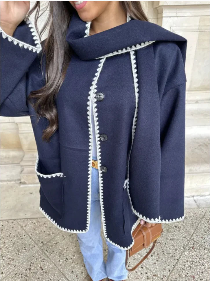 Women's Color-Contrast Woolen Scarf Coat WEM Support (www.WEM.support)