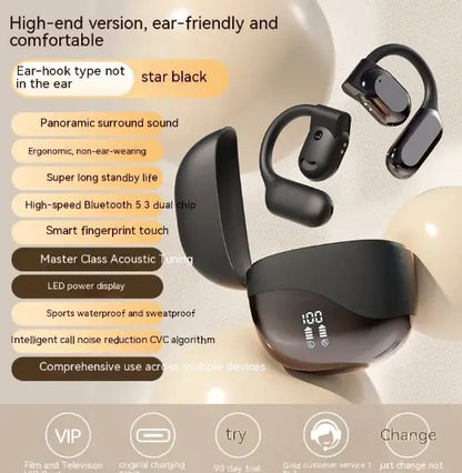 The image shows a pair of wireless ear hook Bluetooth headphones in black color, displayed next to their packaging box, which also appears in the frame.