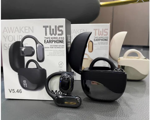 The image shows a pair of wireless ear hook Bluetooth headphones in black color, displayed next to their packaging box, which also appears in the frame.