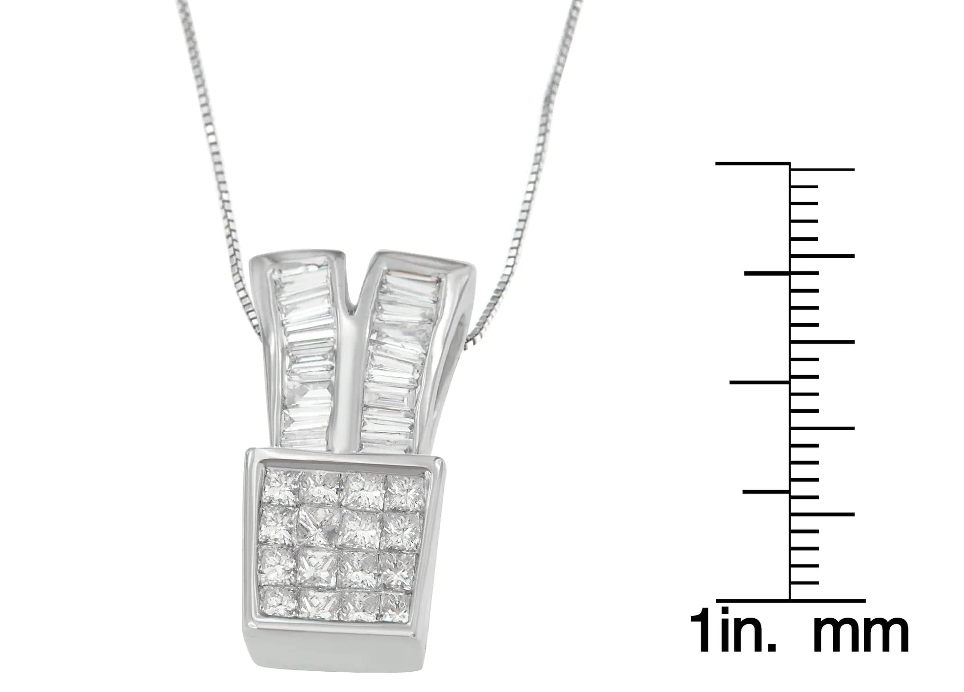 14K White Gold 1 1/3 cttw Princess and Baguette Cut Diamond Sparkling Shapes Pendant Necklace (H-I, SI1-SI2) WEM Support (www.WEM.support)
