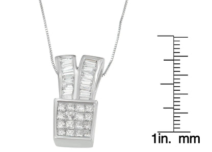 14K White Gold 1 1/3 cttw Princess and Baguette Cut Diamond Sparkling Shapes Pendant Necklace (H-I, SI1-SI2) WEM Support (www.WEM.support)
