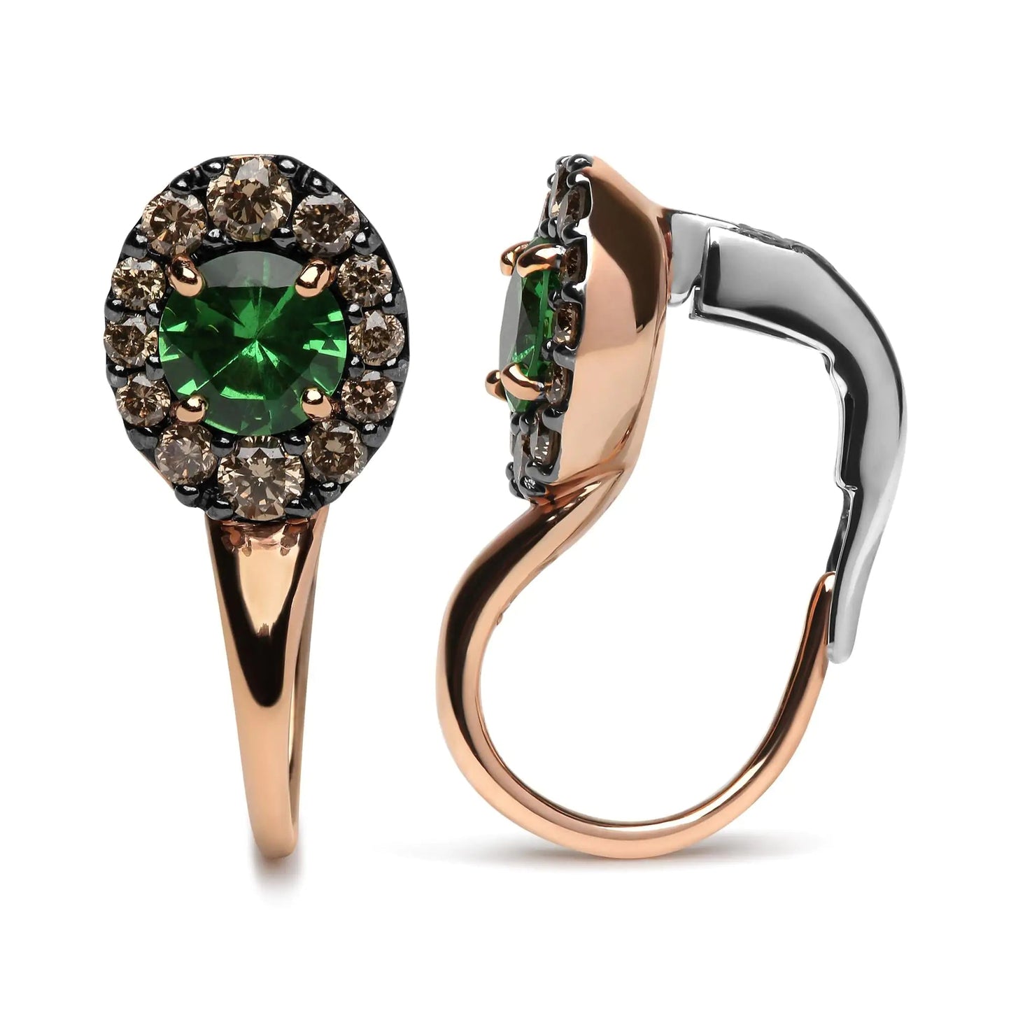18K Rose and White Gold 3/8 Cttw Round Brown Diamonds and Round Green Tsavorite Gemstone Halo Drop Hoop Earrings (Brown Color, SI1-SI2 Clarity) WEM Support (www.WEM.support)