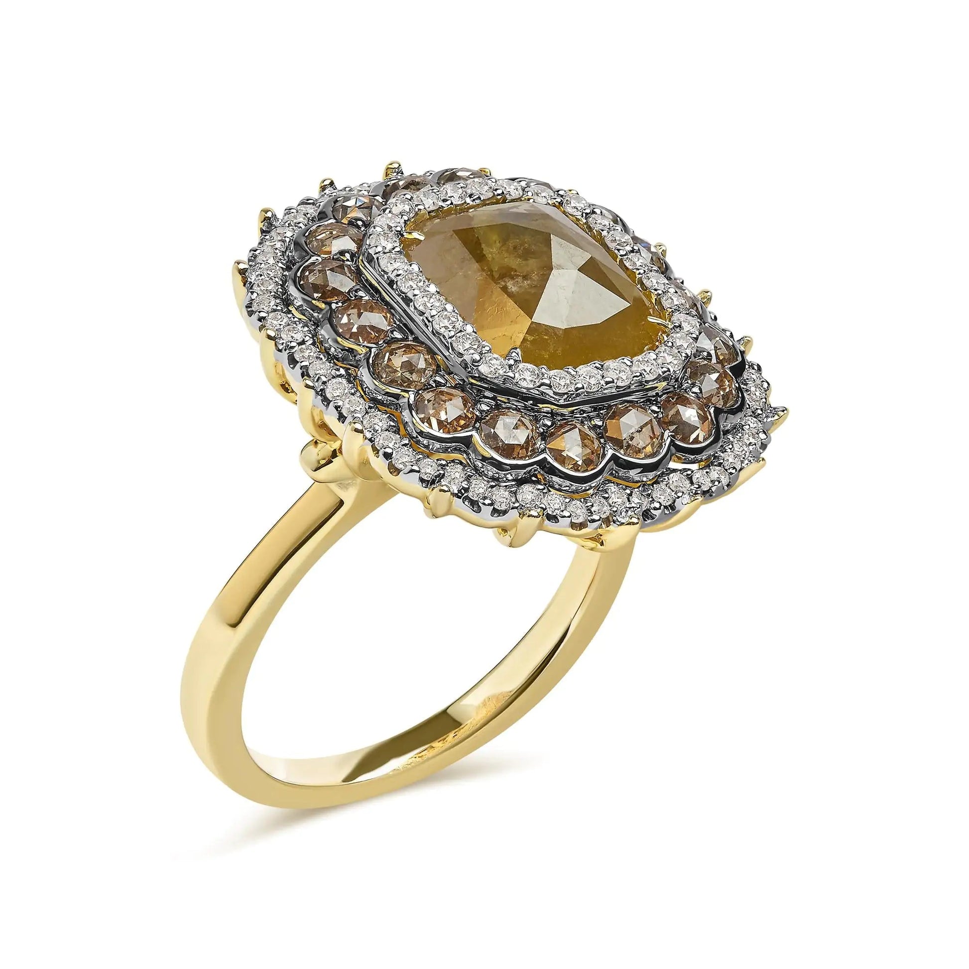 14K Yellow Gold 4 1/4 Cttw Rose Cut Emerald Diamond Triple Halo Cocktail Ring (Fancy Color, I1-I2 Clarity) - Size 7 WEM Support (www.WEM.support)