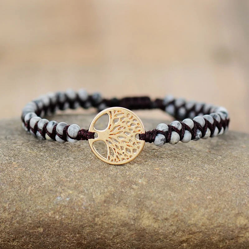 Tree Charm African Jasper Braided Yoga Bracelet WEM Support (www.WEM.support)