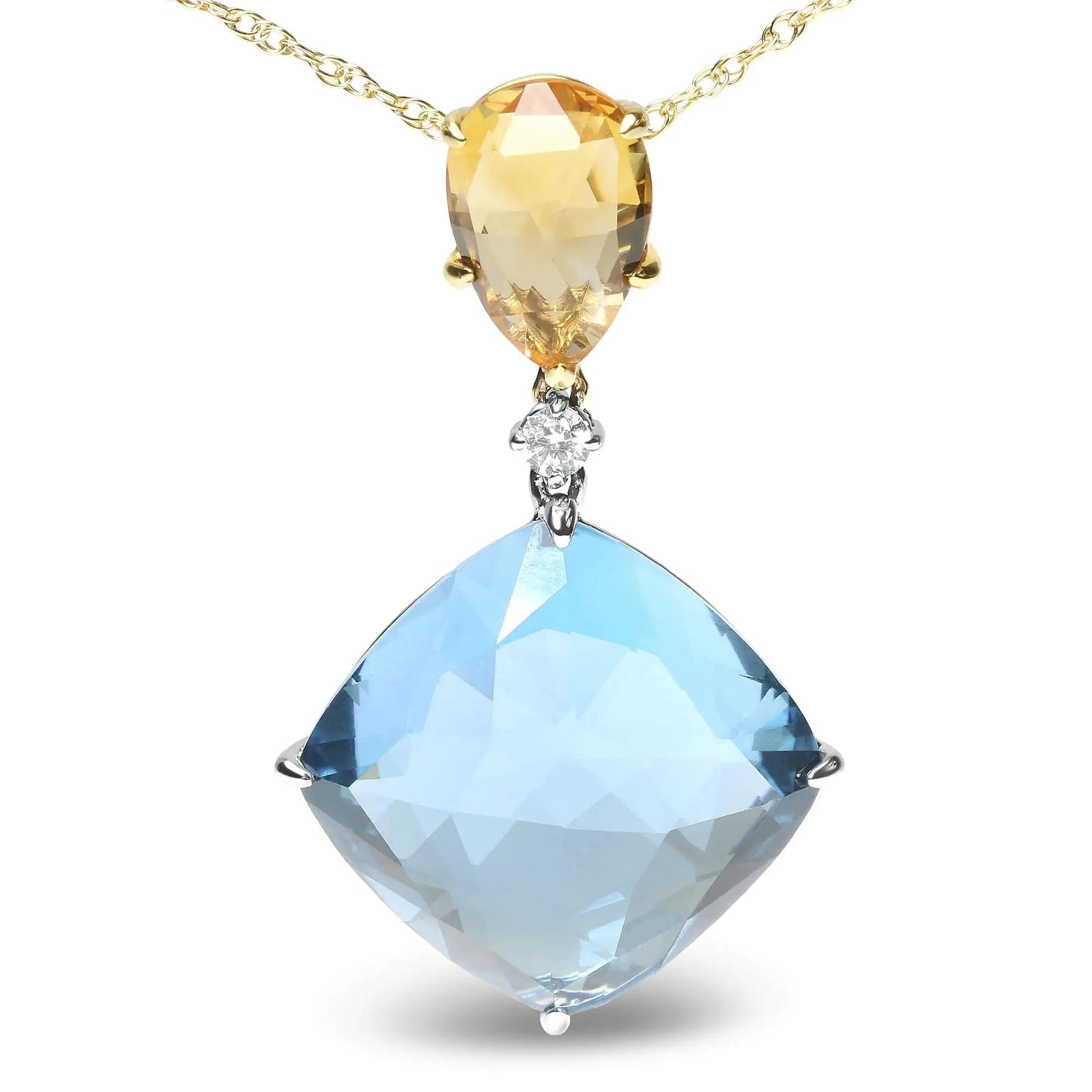 18K White and Yellow Gold Diamond Accent and Pear Cut Lemon Quartz and Cushion Cut London Blue Topaz Gemstone Dangle Drop 18" Pendant Necklace (G-H Color, SI1-SI2 Clarity) WEM Support (www.WEM.support)