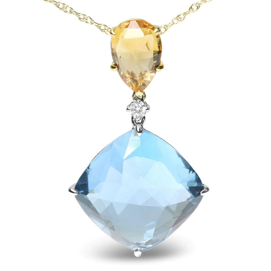 18K White and Yellow Gold Diamond Accent and Pear Cut Lemon Quartz and Cushion Cut London Blue Topaz Gemstone Dangle Drop 18" Pendant Necklace (G-H Color, SI1-SI2 Clarity) WEM Support (www.WEM.support)