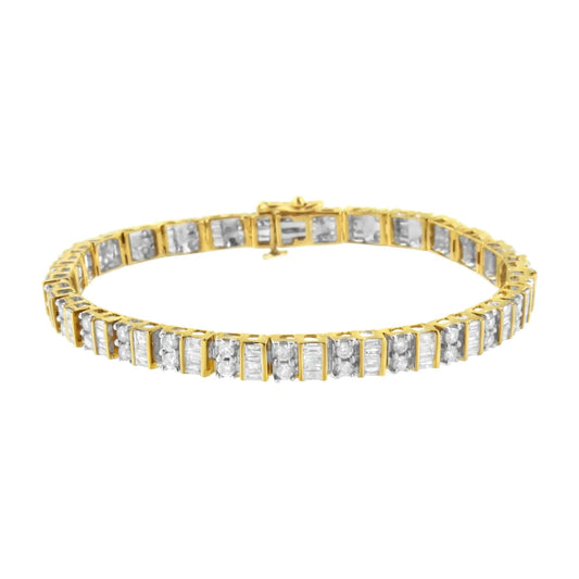 10K Yellow Gold 4.0 Cttw Alternating Baguette & Round Cut Diamond Bezel- & Prong-Set 7" Tennis Bracelet (G-H Color, SI1-SI2 Clarity) WEM Support (www.WEM.support)