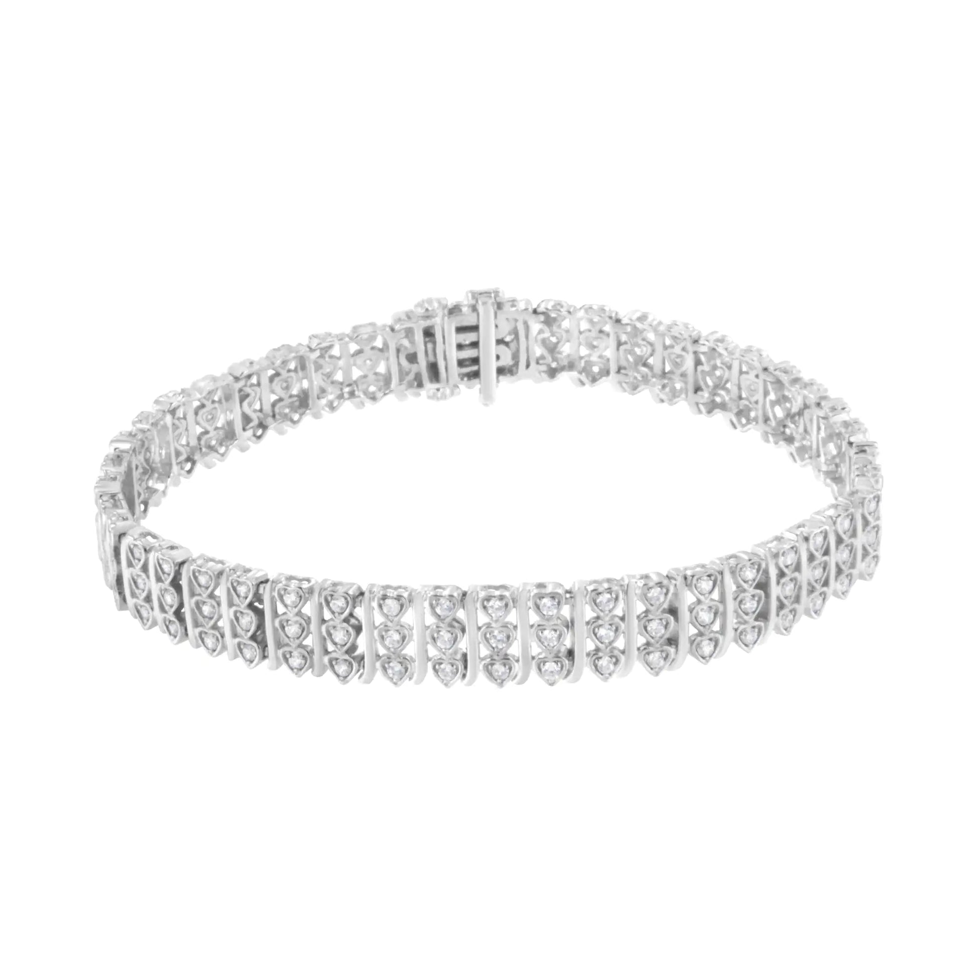 .925 Sterling Silver 1 1/2 cttw Round Diamond 3 Row Heart Link Bracelet (I-J Color,I3 Clarity) - 7.25 " WEM Support (www.WEM.support)
