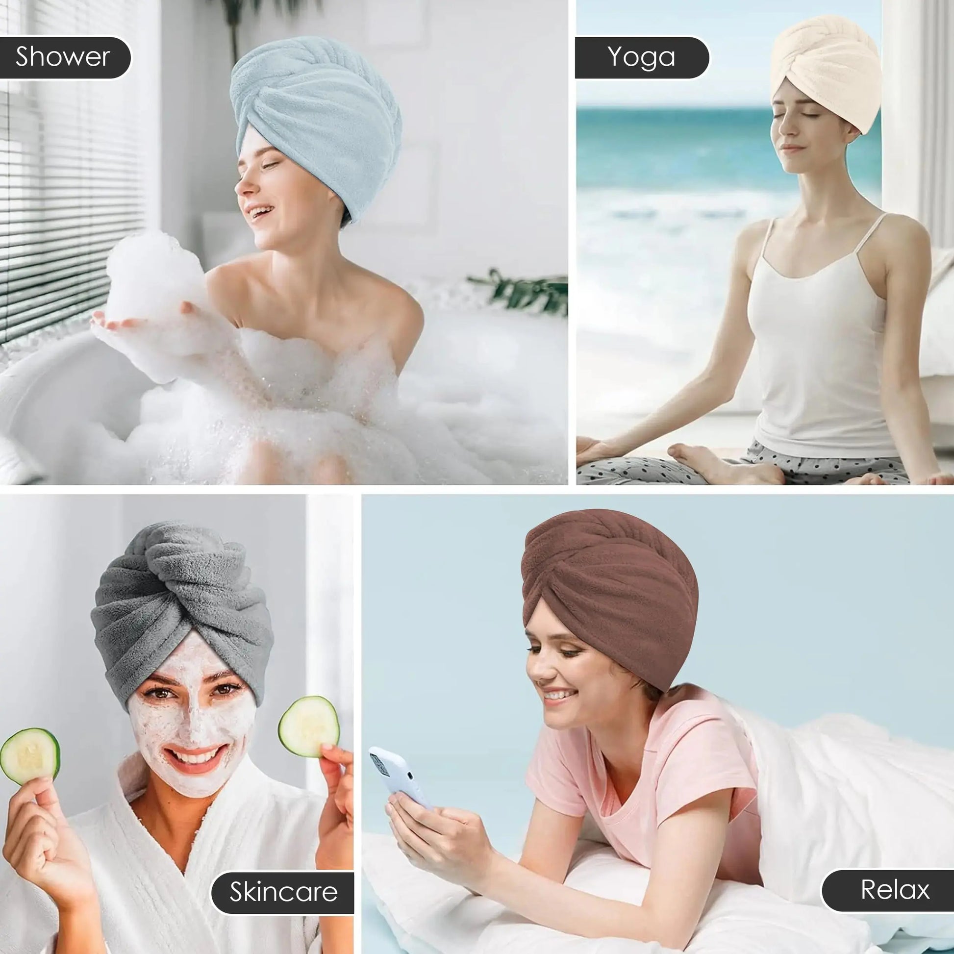 TENSTARS 5 Pack Thicken Microfiber Hair Towel Wrap for Women - Elastic Loop Design - 320GSM Coral Velvet - Quick Dry Hair Turban - 11x28 Inch (Cream+White+Brown+Light Teal+Grey, 5) Cream+white+brown+light Teal+grey TENSTARS Hair Towel Pack My Store