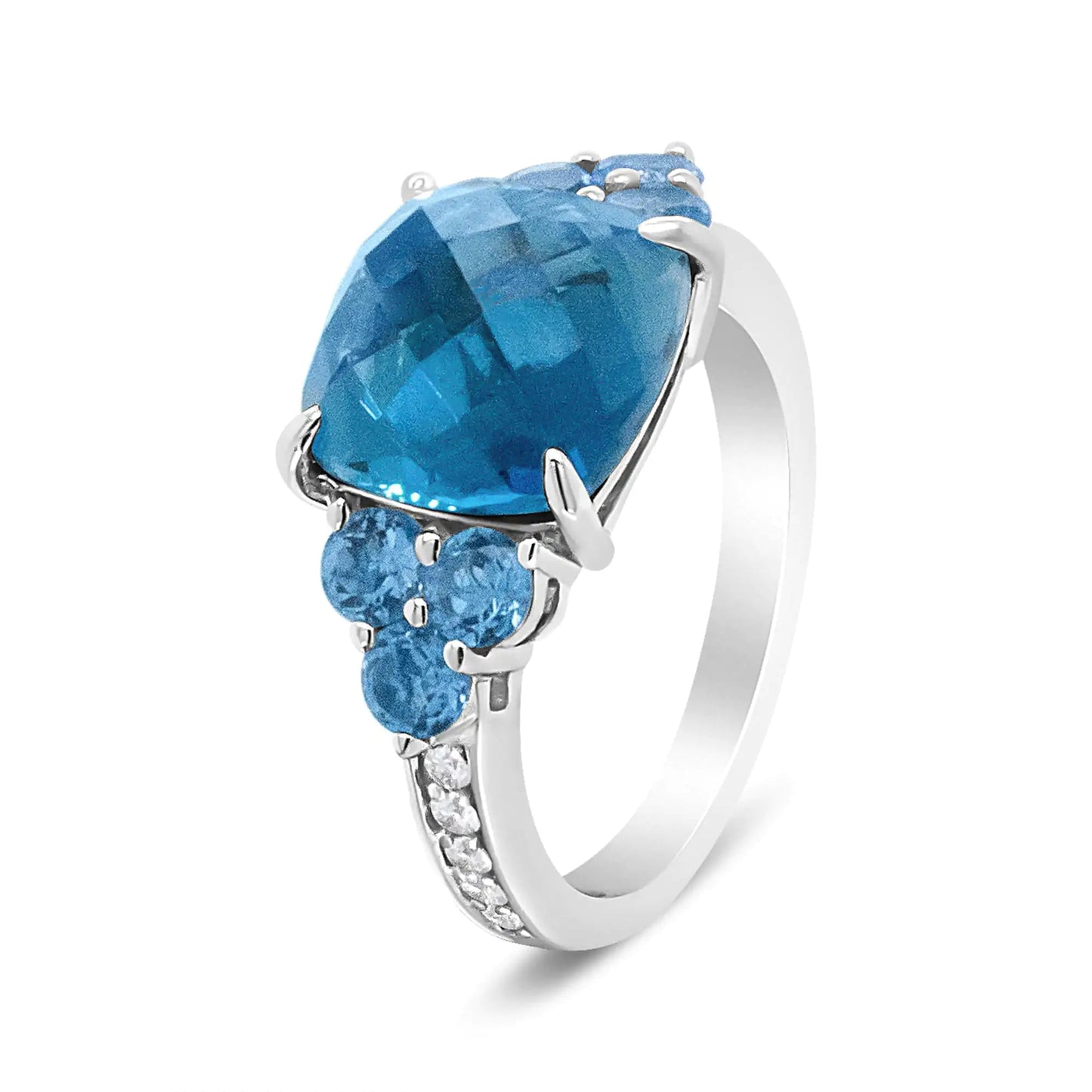 18K White Gold 10mm Cushion Shaped Blue Topaz and 1/6 Cttw Diamond 3 Stone Style Ring (F-G Color, VS1-VS2 Clarity) WEM Support (www.WEM.support)