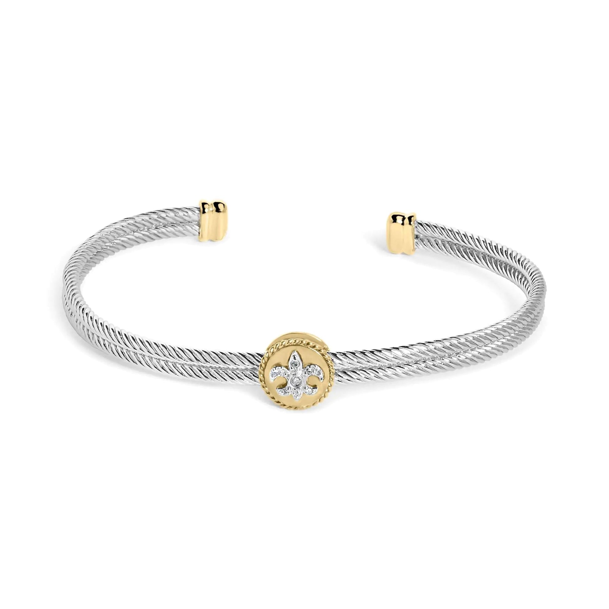 18K Yellow Gold Plated .925 Sterling Silver Diamond Accent  and Fleur Di Lis Medallion Bangle Bracelet (I-J Color, SI1-SI2 Clarity) - 7.25 Inches WEM Support (www.WEM.support)