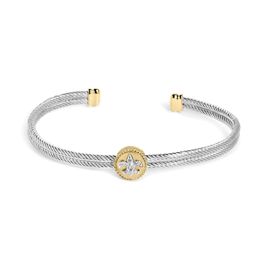18K Yellow Gold Plated .925 Sterling Silver Diamond Accent  and Fleur Di Lis Medallion Bangle Bracelet (I-J Color, SI1-SI2 Clarity) - 7.25 Inches WEM Support (www.WEM.support)