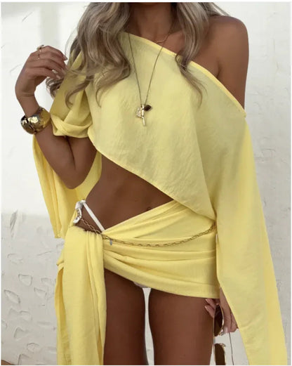 Women’s Sexy Diagonal Neck Long Sleeve Two-Piece Set with Lace-Up Skirt – Spring/Summer 2024 WEM Support (www.WEM.support)