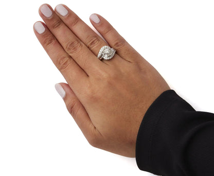 14K White Gold 1.00 Cttw Round and Baguette cut Diamond Swirl Cocktail Ring (H-I Color, SI2-I1 Clarity) WEM Support (www.WEM.support)