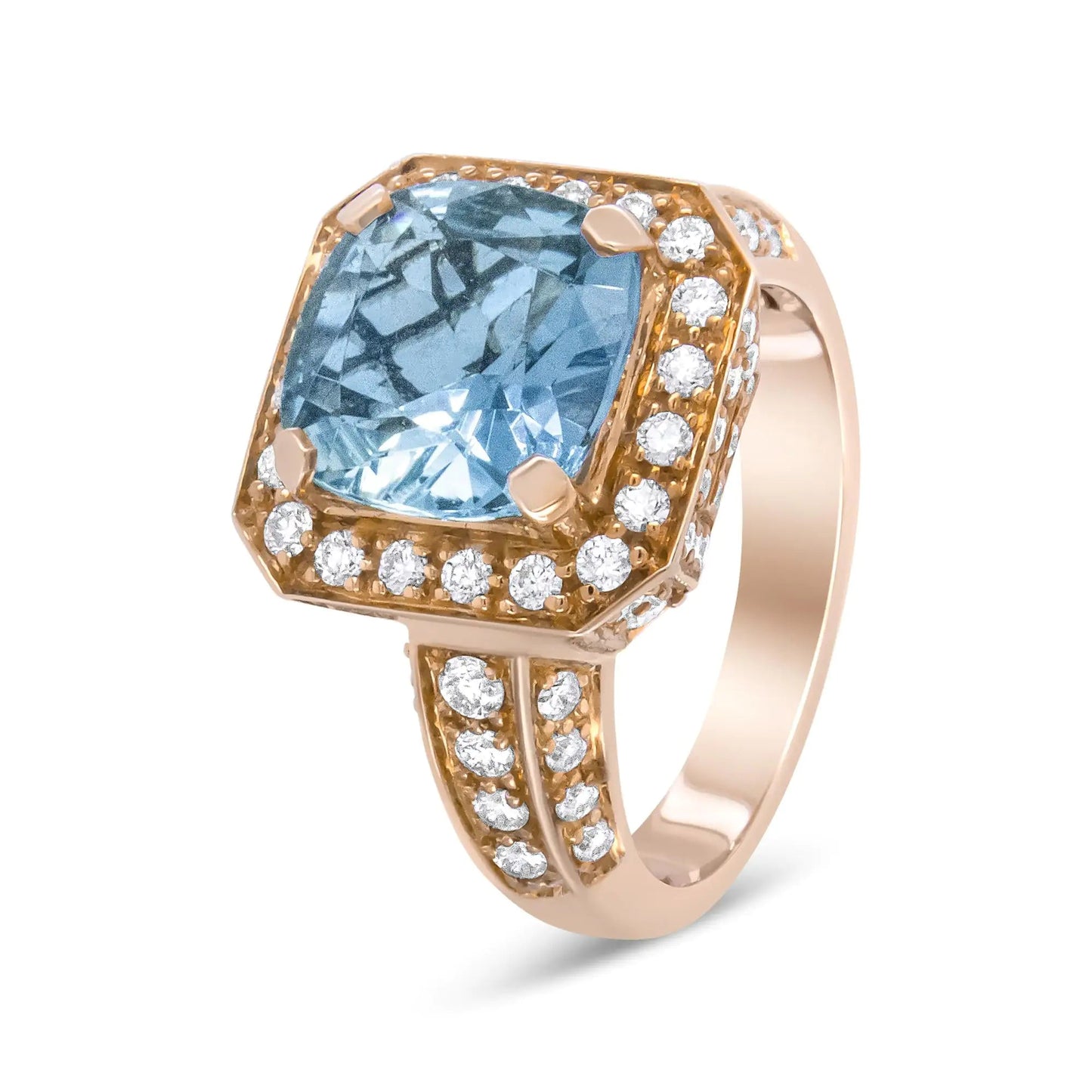 18K Rose Gold 10x10mm Cushion Shaped Aquamarine and 1 1/8 Cttw Round Diamond Halo Ring (F-G Color, VS1-VS2 Clarity) WEM Support (www.WEM.support)