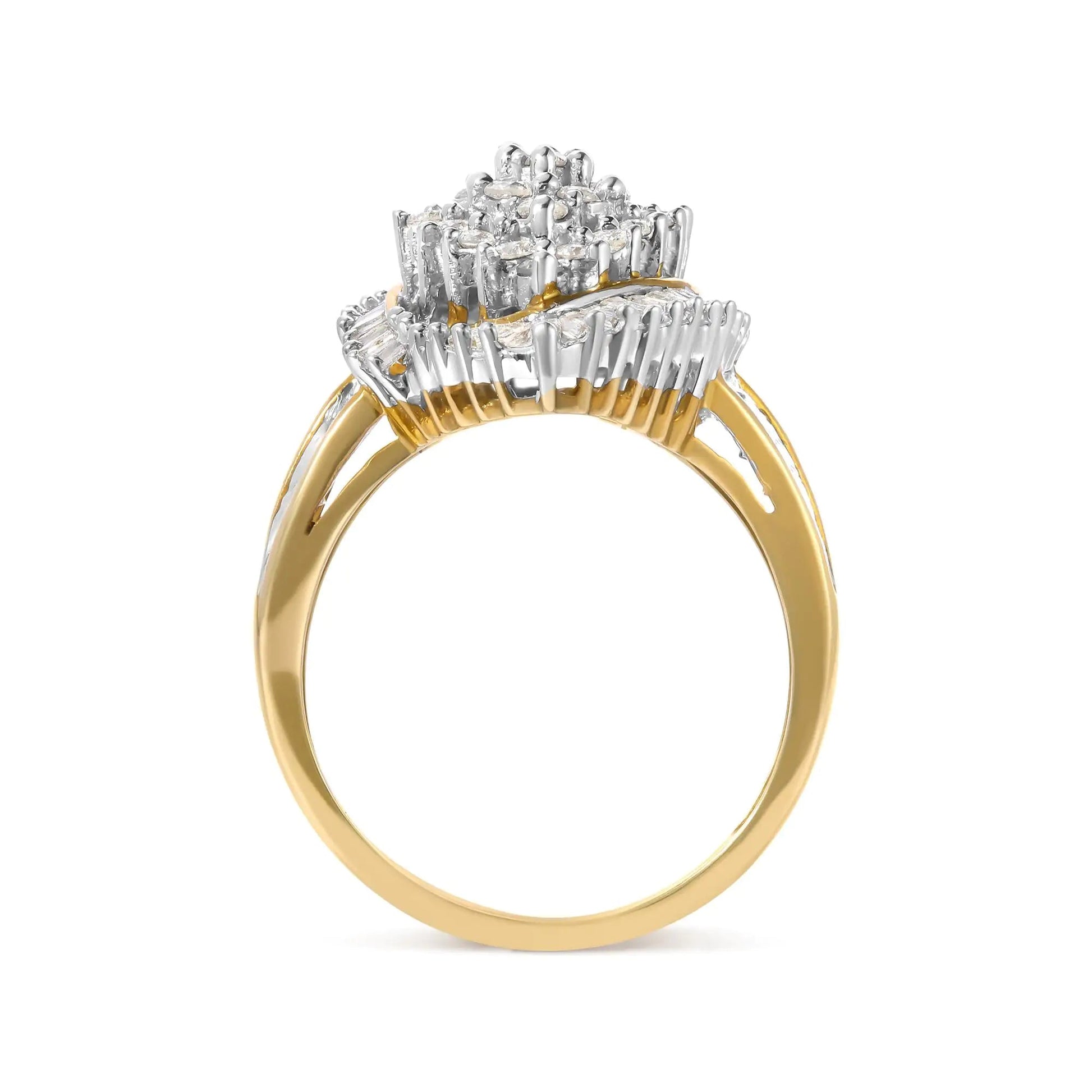 10K Yellow Gold 1.0 Cttw Round and Baguette-Cut Diamond Cluster Ring (I-J Color, SI2-I1 Clarity) WEM Support (www.WEM.support)