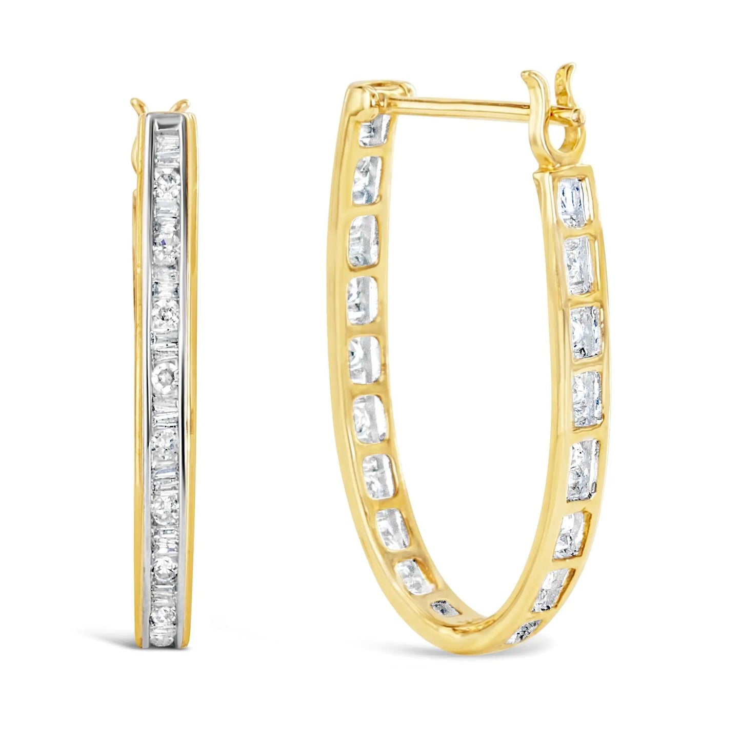 10K Yellow Gold 1.00 Cttw Round and Baguette-Cut Diamond U-Hoop Earrings (H-I Color, SI2-I1 Clarity) WEM Support (www.WEM.support)
