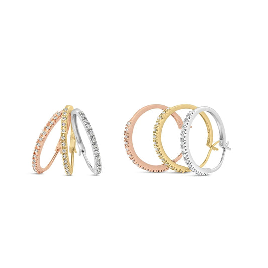 14K Tri-Toned Gold 1/3 Cttw Diamond Triple Hoop Earrings (I-J Color, I2-I3 Clarity) - 22 MM WEM Support (www.WEM.support)