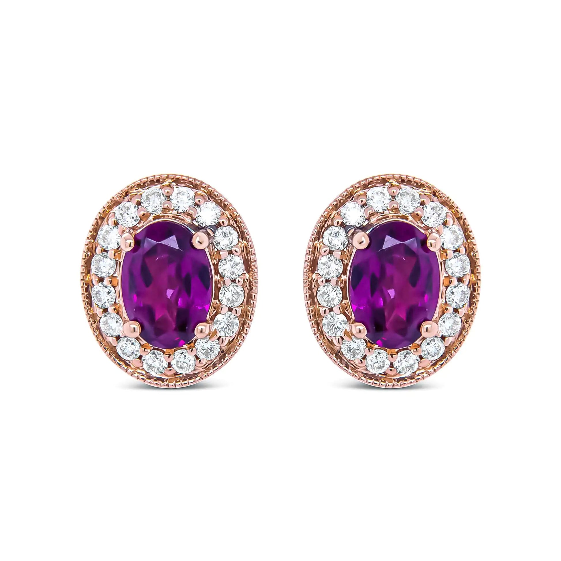 14K Rose Gold 7x5mm Oval Cut Garnet and 3/8 Cttw Round Diamond Halo Stud Earrings (G-H Color, SI1-SI2 Clarity) WEM Support (www.WEM.support)