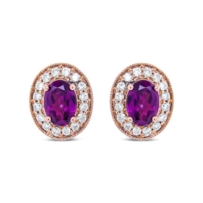 14K Rose Gold 7x5mm Oval Cut Garnet and 3/8 Cttw Round Diamond Halo Stud Earrings (G-H Color, SI1-SI2 Clarity) WEM Support (www.WEM.support)