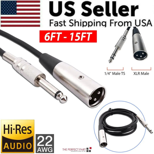 XLR 3-Pin Male To 1/4" Plug TS Microphone Mono Cable Unbalanced Shielded Audio WEM Support (www.WEM.support)