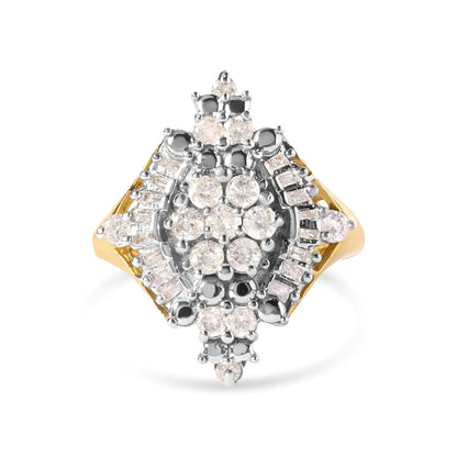 10K Yellow Gold 1 Cttw Round and Baguette cut Diamond Cluster and Rhombus Halo Ring (H-I Color, I1-I2 Clarity) WEM Support (www.WEM.support)