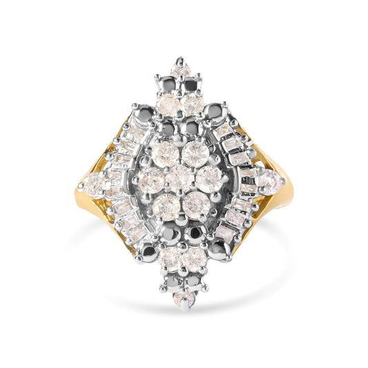 10K Yellow Gold 1 Cttw Round and Baguette cut Diamond Cluster and Rhombus Halo Ring (H-I Color, I1-I2 Clarity) WEM Support (www.WEM.support)