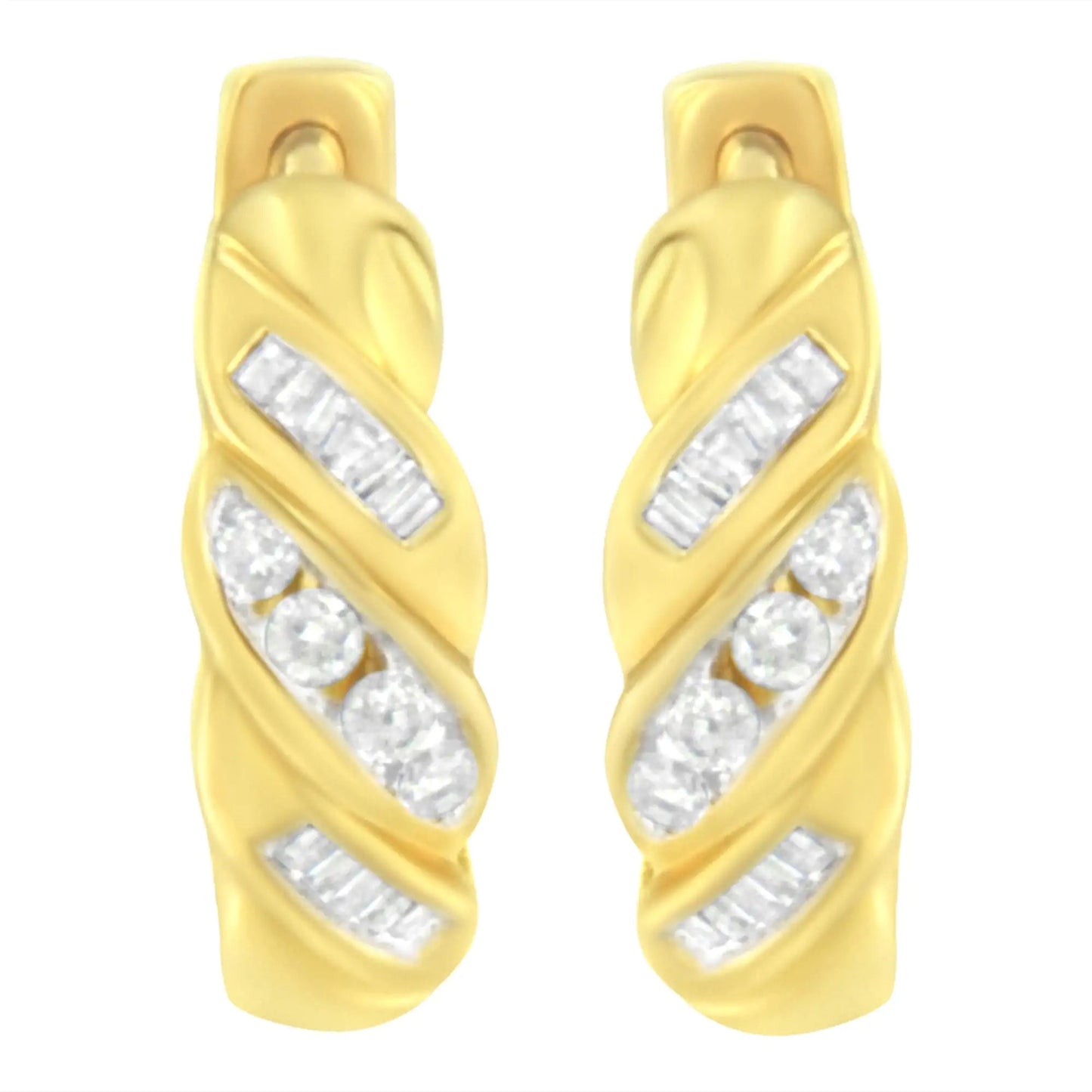 14K Yellow Gold 1/4 ct TDW Alternating 3 Row Baguette & Round Brilliant-Cut Diamond Huggy Hoop Earrings (H-I, I2-I3) WEM Support (www.WEM.support)
