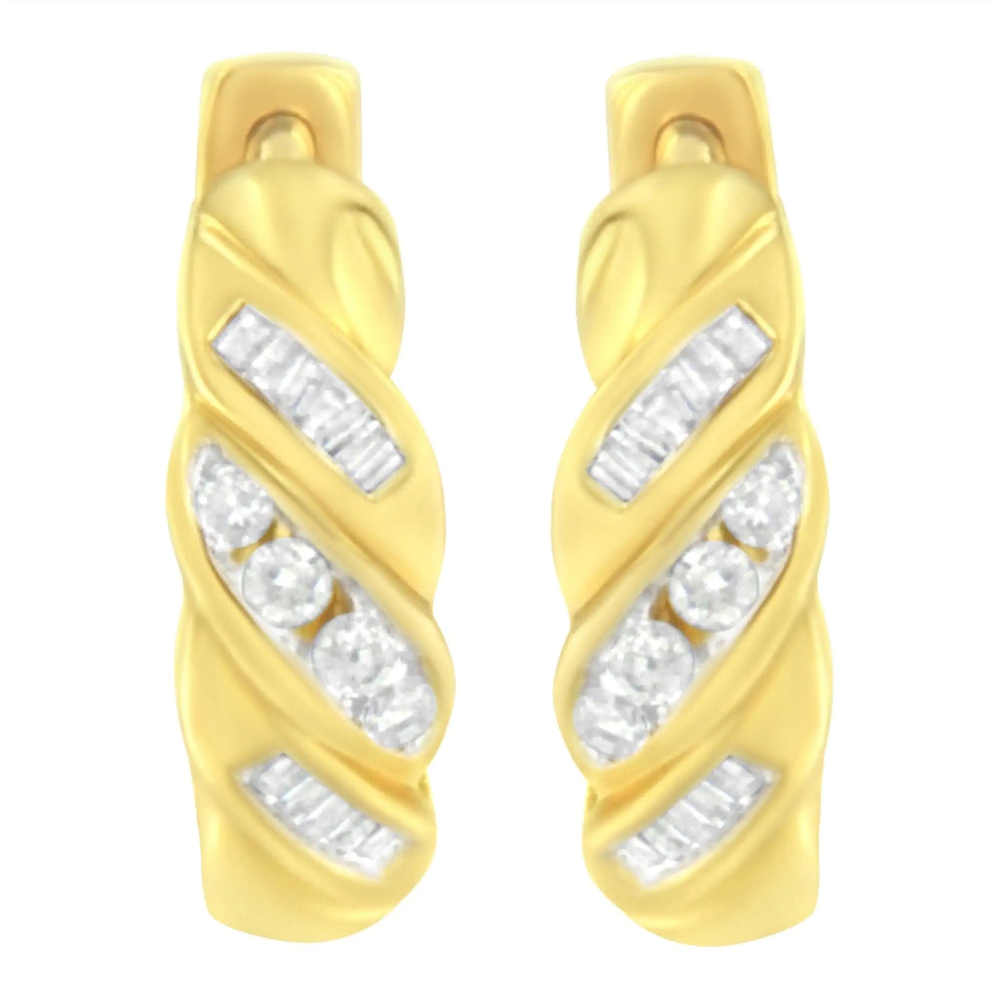 14K Yellow Gold 1/4 ct TDW Alternating 3 Row Baguette & Round Brilliant-Cut Diamond Huggy Hoop Earrings (H-I, I2-I3) WEM Support (www.WEM.support)
