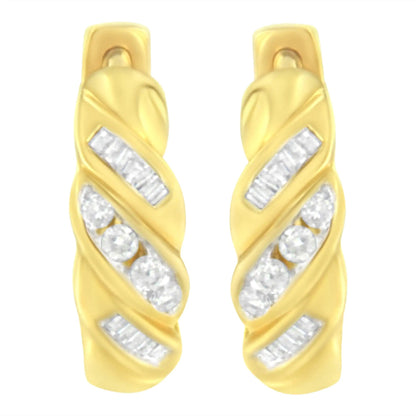 14K Yellow Gold 1/4 ct TDW Alternating 3 Row Baguette & Round Brilliant-Cut Diamond Huggy Hoop Earrings (H-I, I2-I3) WEM Support (www.WEM.support)