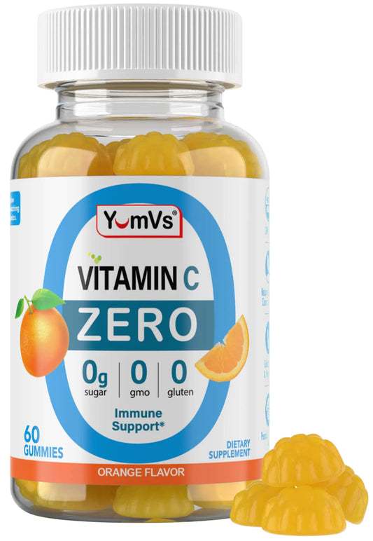 A bottle of Yum-Vs Vitamin C Zero gummies with orange flavor, indicating no sugar, gluten, or GMOs. The bottle is labeled with 60 chewable tablets.