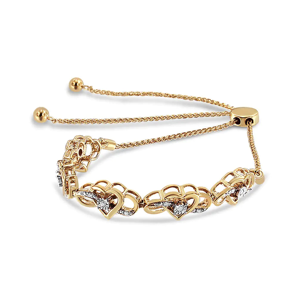 14K Yellow Gold Plated .925 Sterling Silver 1/10 Cttw Diamond Infinity Heart Shaped 4”-10” Adjustable Bolo Bracelet (H-I Color, I2-I3 Clarity) WEM Support (www.WEM.support)