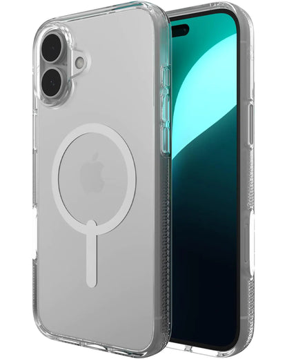 A clear ZAGG Crystal Palace Snap Case for iPhone 16 Pro with a MagSafe compatible design, showing the case from the back with the Apple logo and MagSafe ring visible.
