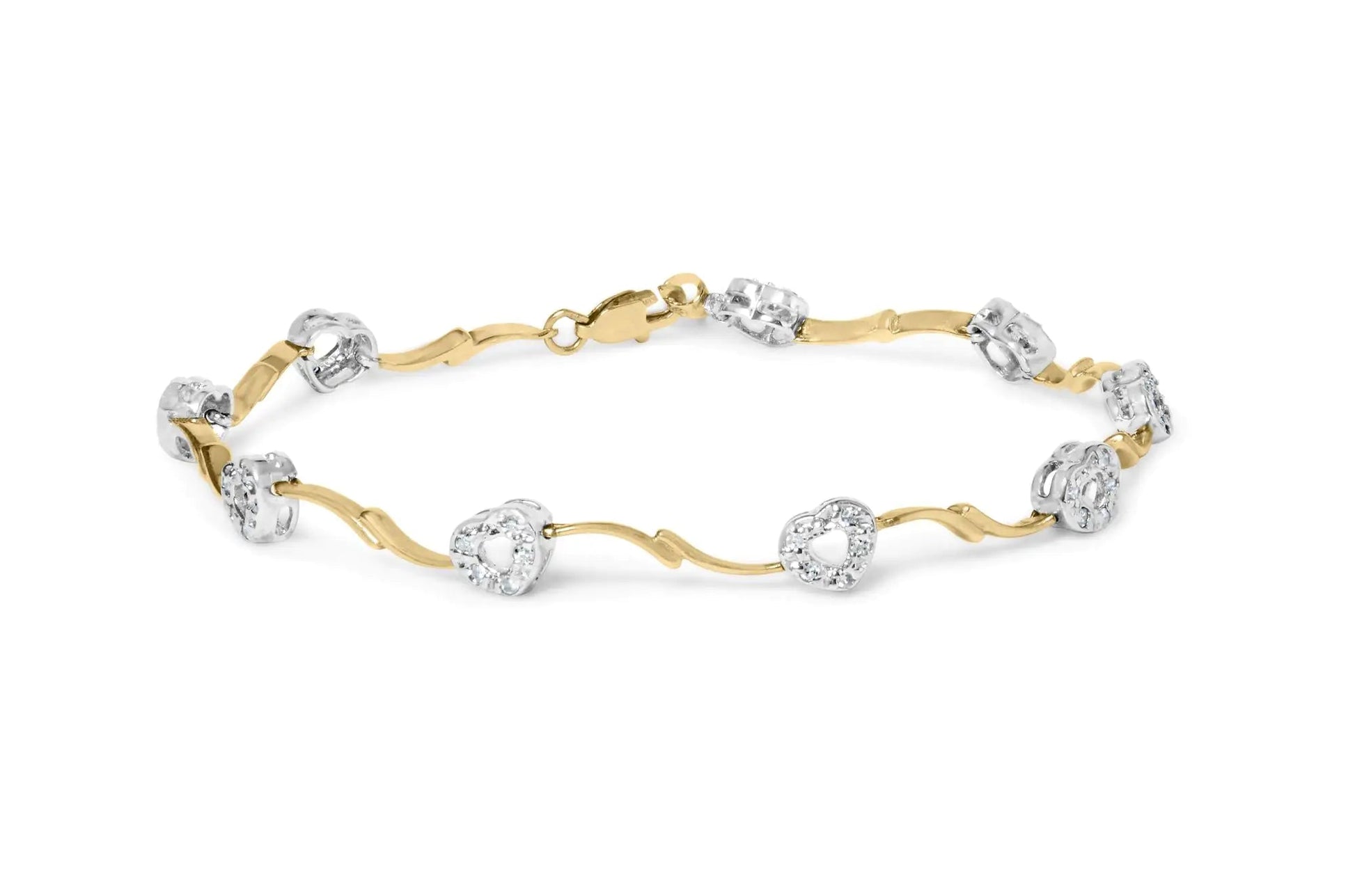 10k Two-Tone Gold 1/3 Cttw Diamond Pave Set Heart S-Link 7.25" Bracelet (I-J Color, I2-I3 Clarity) WEM Support (www.WEM.support)