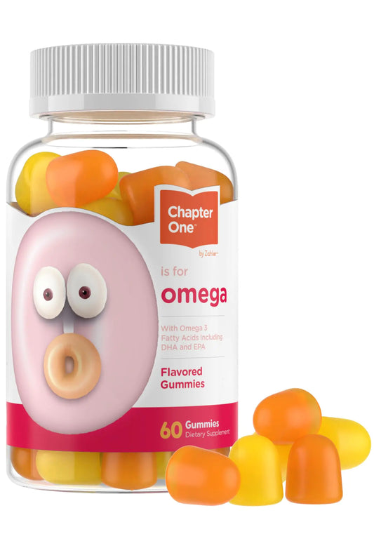 A bottle of Zahler Chapter One Omega 3 Gummies for Kids with several gummy candies displayed in front. The bottle is predominantly white with a pink label featuring a cartoon face, and the gummies appear in shades of orange and yellow.