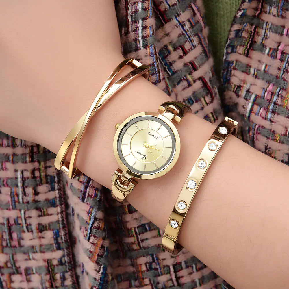 3-Piece Bracelet and Quartz Watch Set for Women