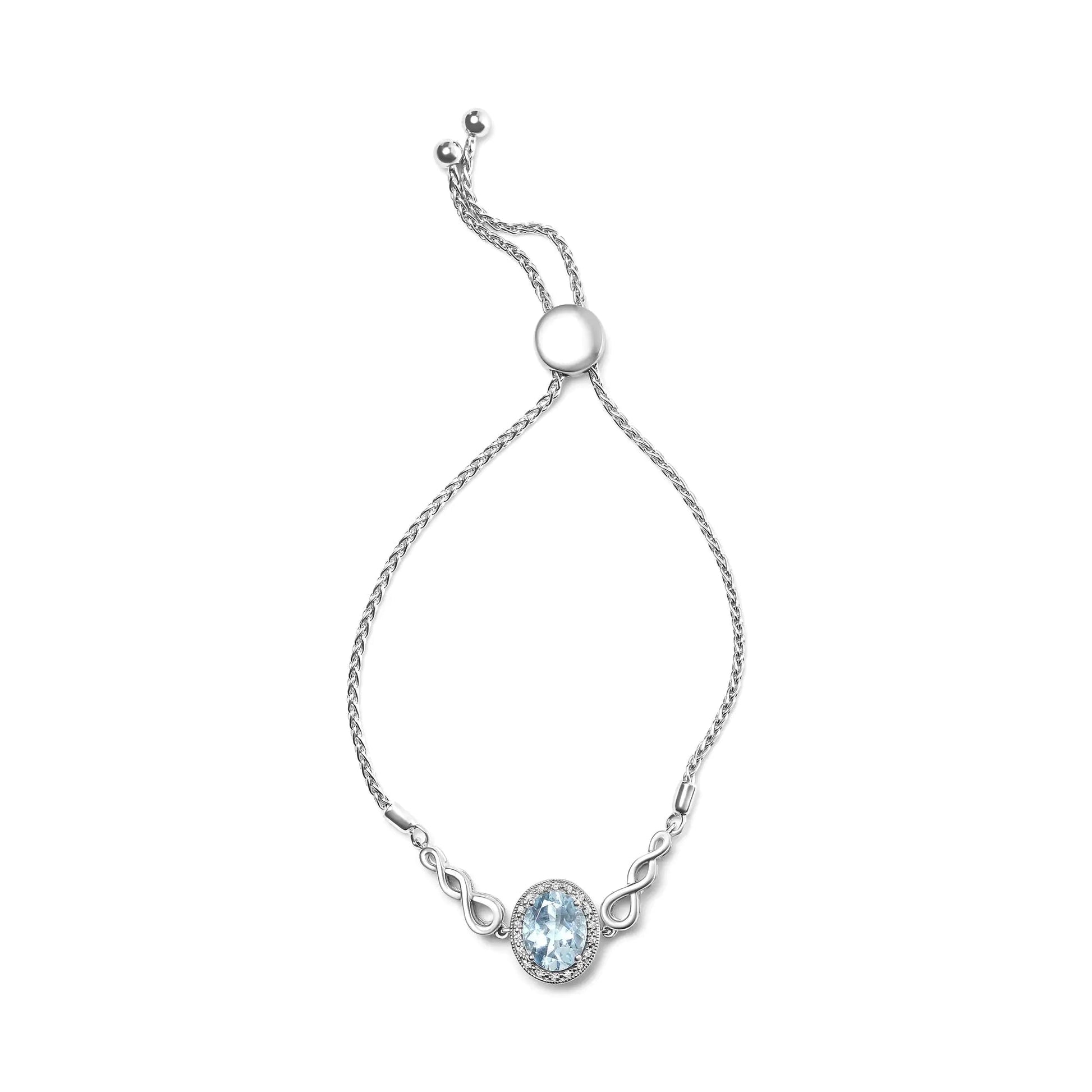 .925 Sterling Silver 10x8mm Oval Blue Topaz and Diamond Accent Lariat 4”-10” Adjustable Bolo Bracelet (H-I Color, SI1-SI2 Clarity) WEM Support (www.WEM.support)