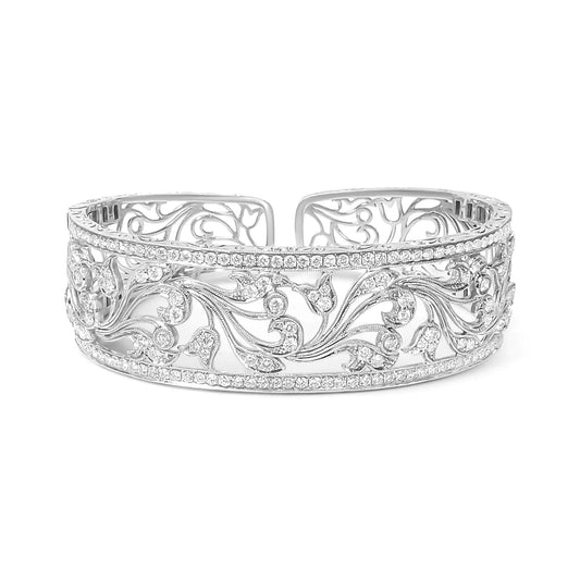 18K White Gold 3 1/4 Cttw Pave Diamond Openwork Floral Filigree Swirl Bangle Cuff Bracelet (H-I Color, VS2-SI1 Clarity) WEM Support (www.WEM.support)