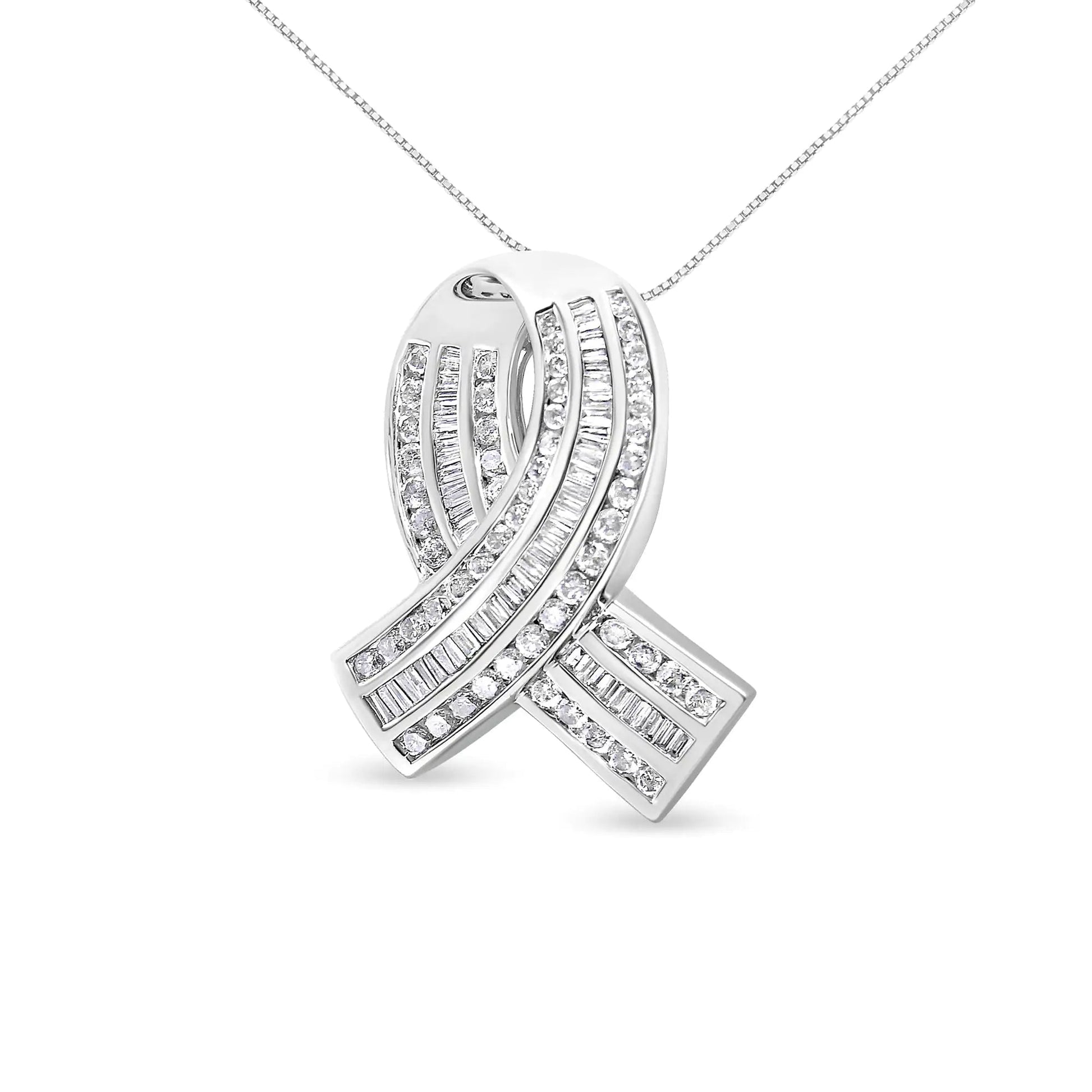 14K White Gold 2 5/8 Cttw Channel Set Round and Baguette Diamond Awareness Ribbon Pendant (H-I Color, I1-I2 Clarity) - Chain Not Included WEM Support (www.WEM.support)