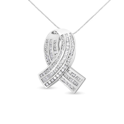 14K White Gold 2 5/8 Cttw Channel Set Round and Baguette Diamond Awareness Ribbon Pendant (H-I Color, I1-I2 Clarity) - Chain Not Included WEM Support (www.WEM.support)