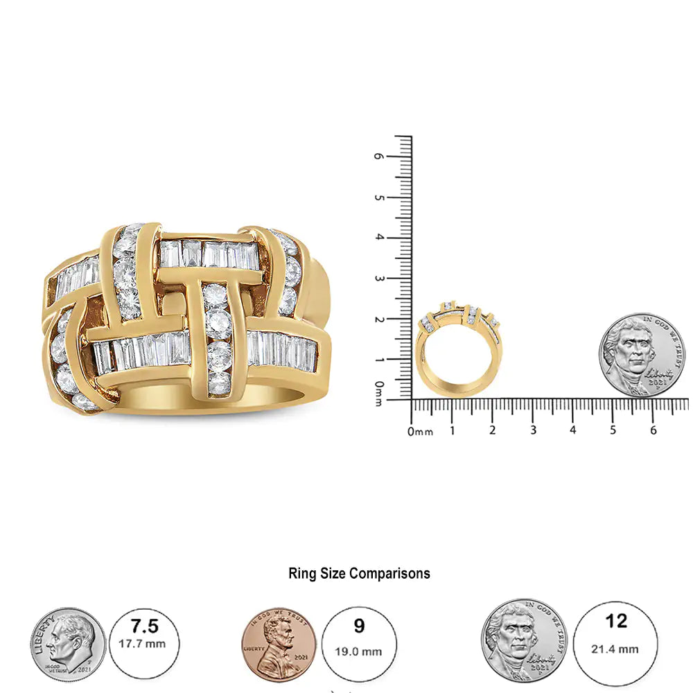14K Yellow Gold 1 5/8 Cttw Round and Baguette Diamond Lattice Grid Design Ring Band (H-I Color, VS2-SI1 Clarity) - Ring Size 6 WEM Support (www.WEM.support)