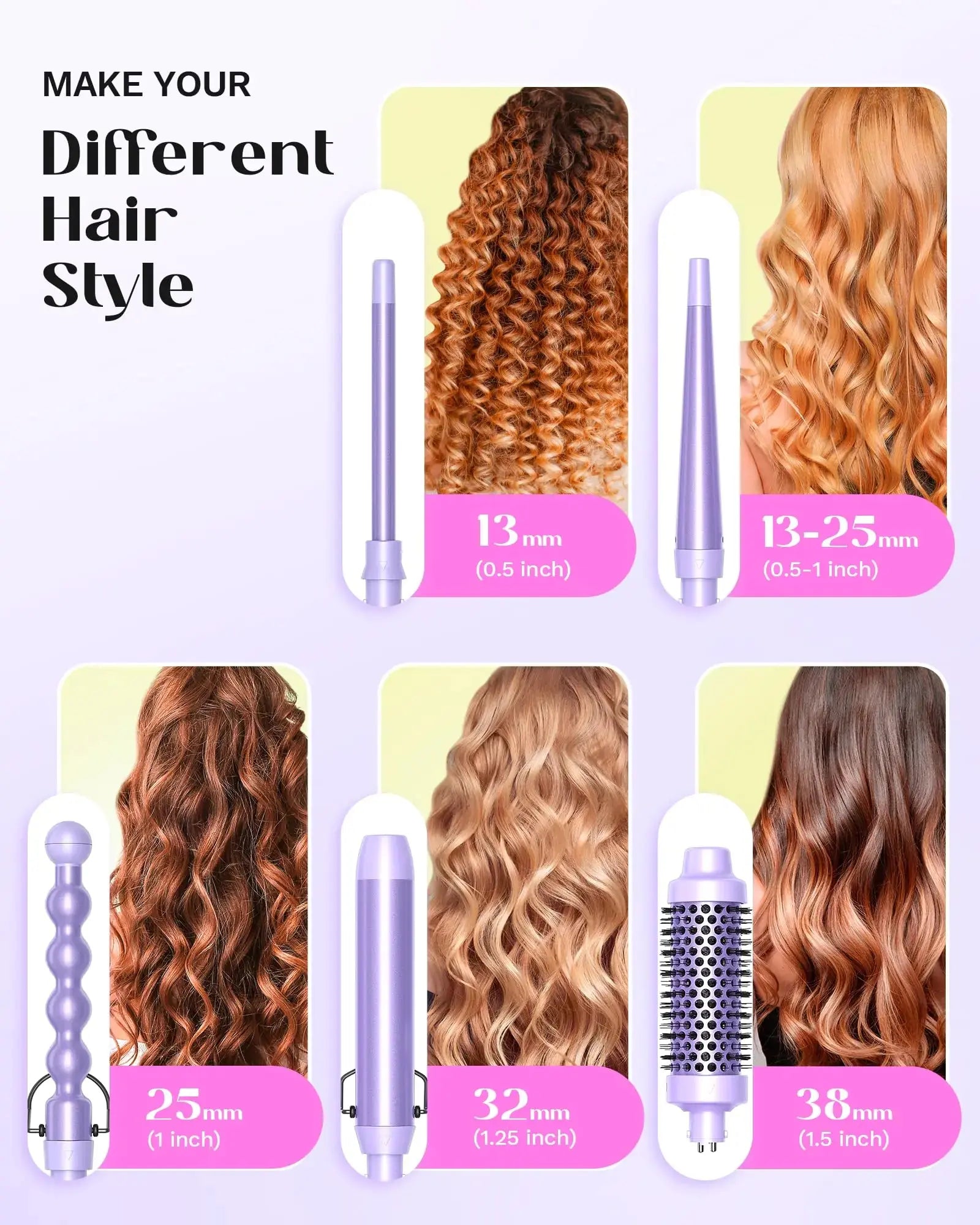 Wavytalk 5 in 1 Curling Iron,Curling Wand Set with Curling Brush and 4 Interchangeable Ceramic Curling Wand(0.5”-1.25”),Instant Heat Up,Include Heat Protective Glove & 2 Clips (Purple) Curling Wand （0.5"-1.25" ） Purple Lavender My Store