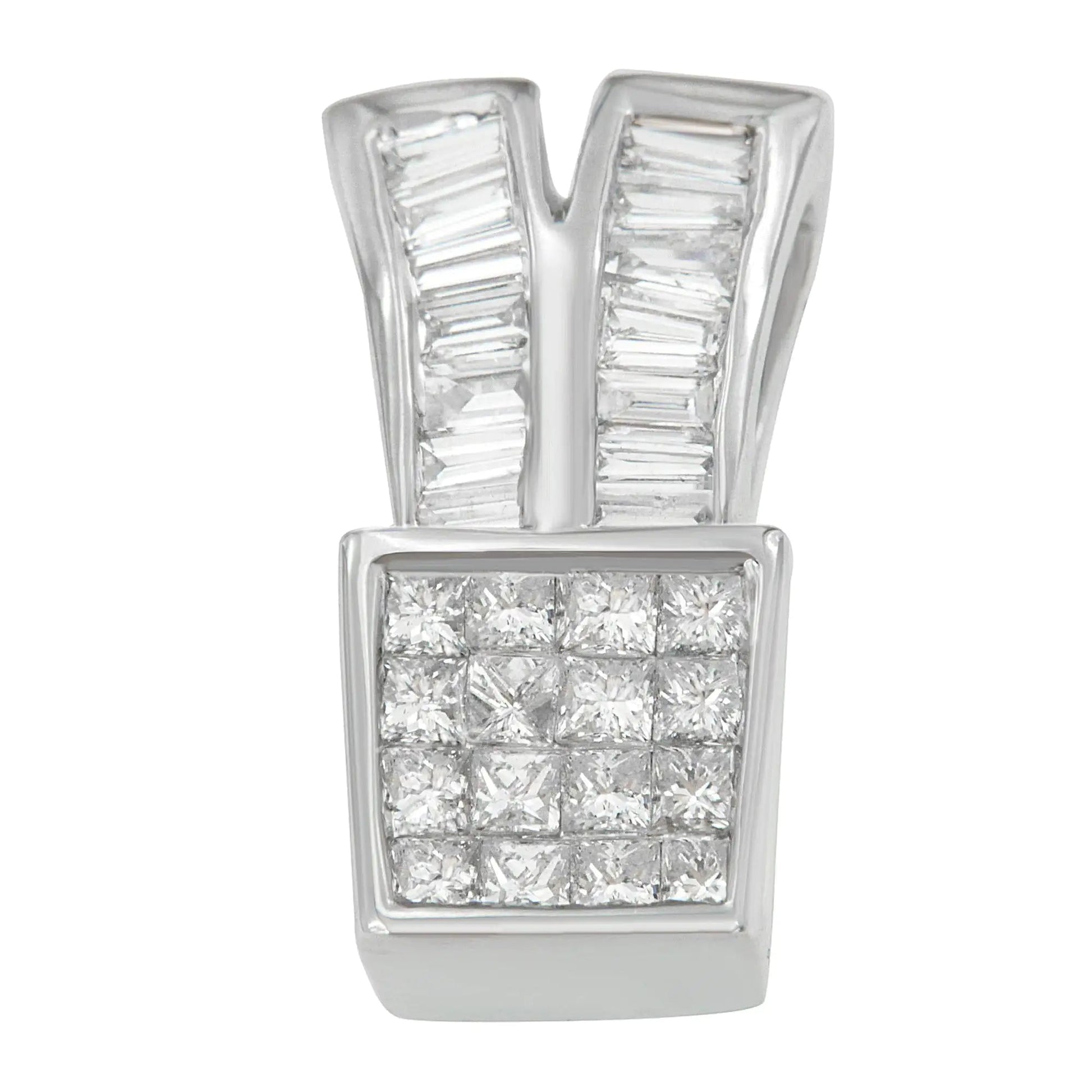 14K White Gold 1 1/3 cttw Princess and Baguette Cut Diamond Sparkling Shapes Pendant Necklace (H-I, SI1-SI2) WEM Support (www.WEM.support)