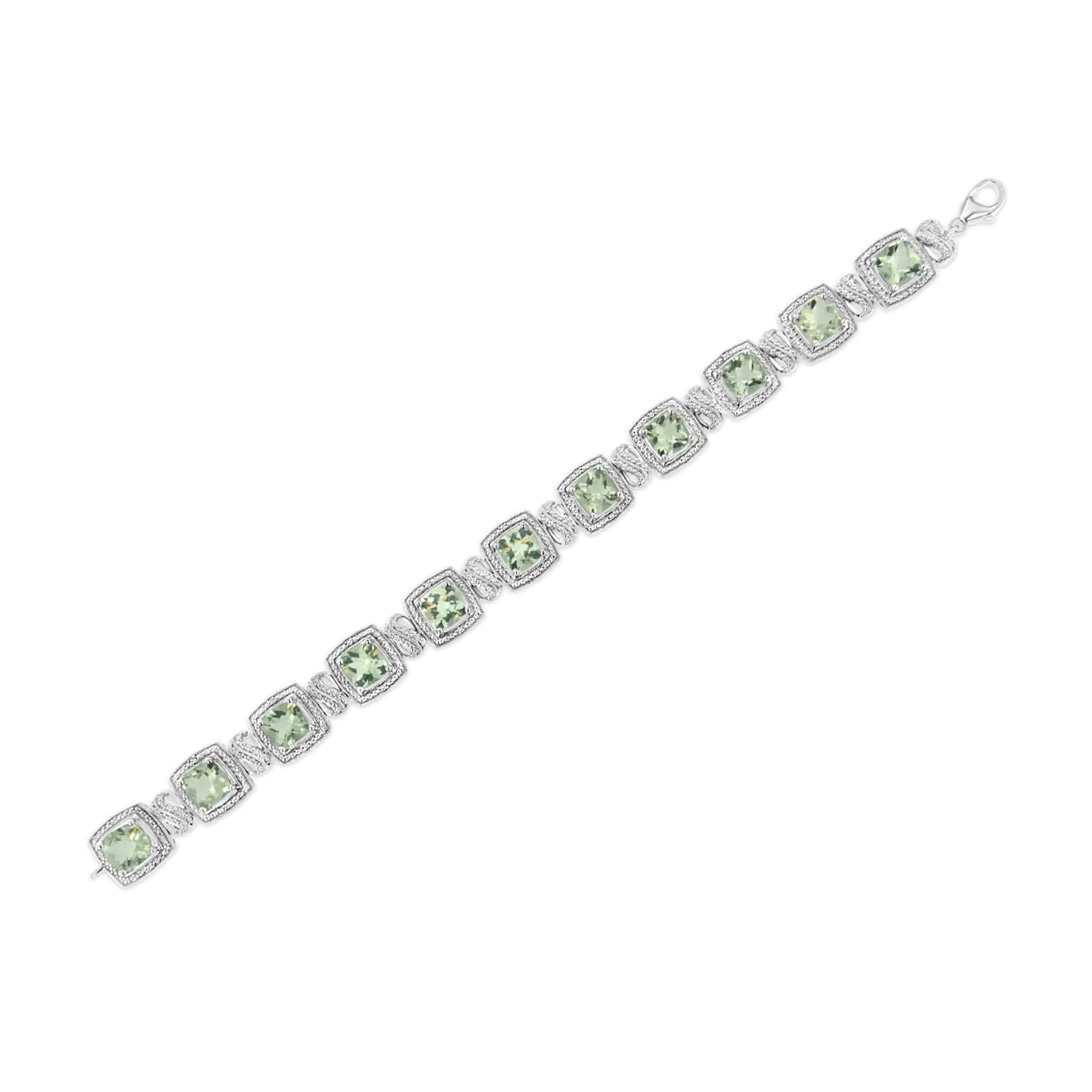 .925 Sterling Silver 7x7 mm Cushion Cut Green Amethyst and 1/10 cttw Single Cut Diamond Square Shape Tennis Bracelet (I-J Color, I1-I2 Clarity) - 7" WEM Support (www.WEM.support)