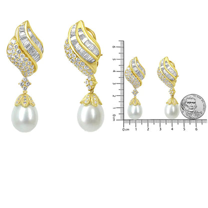 18k Yellow Gold 7.0 Cttw Baguette and Round Diamond South Sea Pearl Drop Dangle Clip-On Earrings (F-G Color, VS1-VS2 Clarity) WEM Support (www.WEM.support)